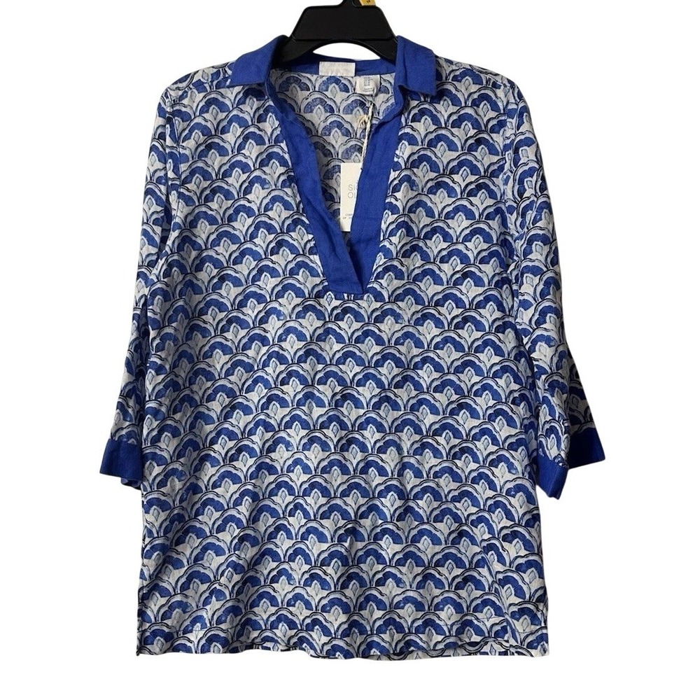 NWT Sigrid Olsen Womens Blue 3/4 Sleeve Linen Top Blouse Shirt Size Medium - Picture 1 of 9